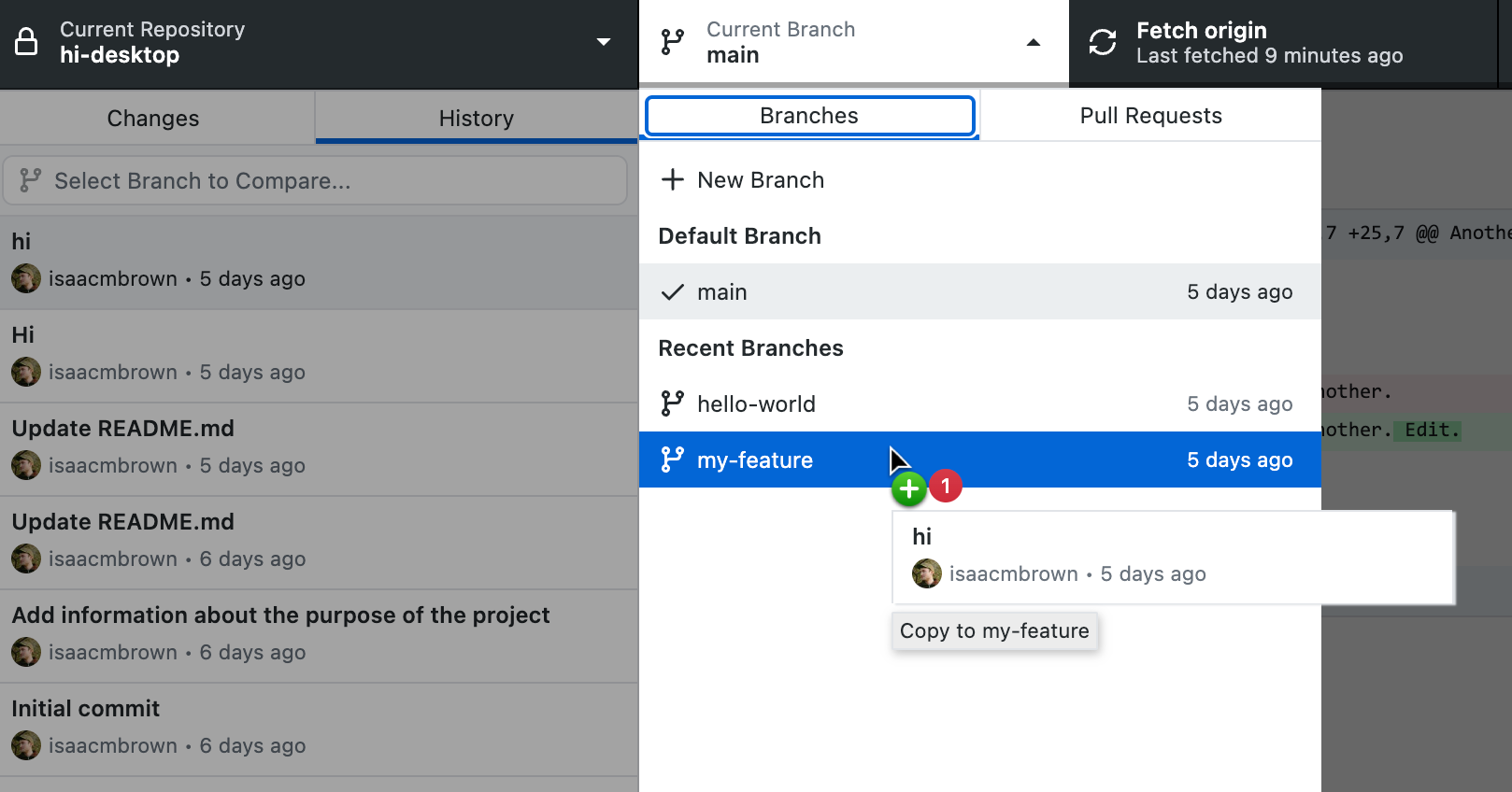 Captura de tela da guia "Histórico" e do menu suspenso "Branch atual". O cursor passa o mouse sobre "my-feature" e ícones "mais um" mostram um commit adicional.