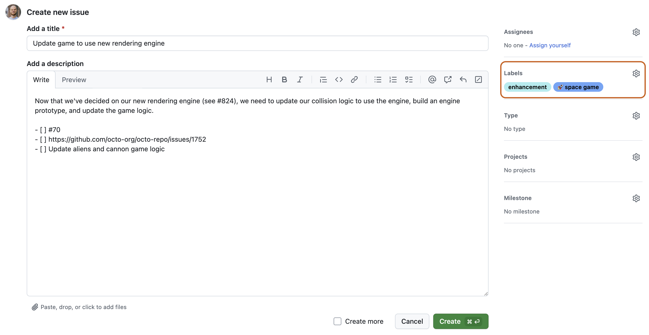 Screenshot: Formular für neues Issue. Auf der rechten Seitenleiste ist der Abschnitt „Bezeichnungen“ dunkelorange umrandet.