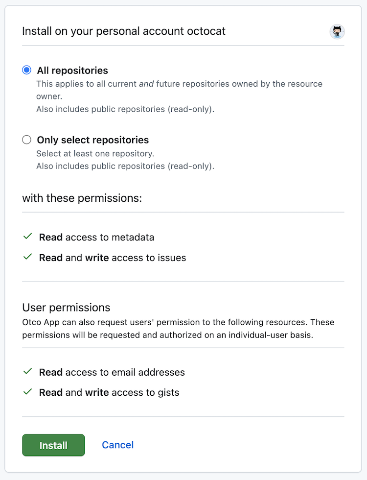 Capture d’écran de la page d’installation d’une application GitHub. L’application demande l’accès en lecture aux métadonnées et l’accès en écriture aux problèmes.