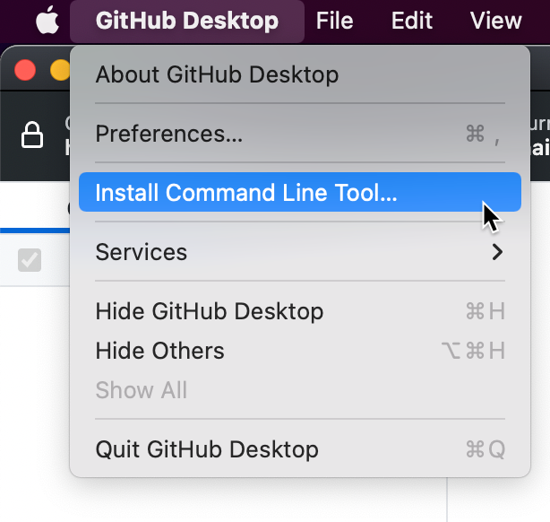 Mac 上的菜单栏的屏幕截图。 在“GitHub Desktop”下拉菜单下，“Install command line tool”选项以蓝色突出显示。