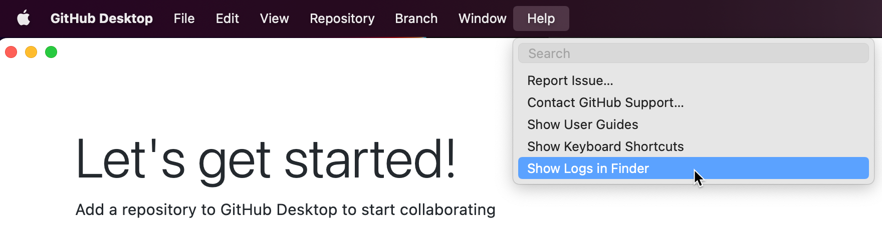 Captura de tela da barra de menus "GitHub Desktop" em um Mac. No menu suspenso “Ajuda” expandido, a opção “Mostrar Logs no Localizador” está realçada em azul.