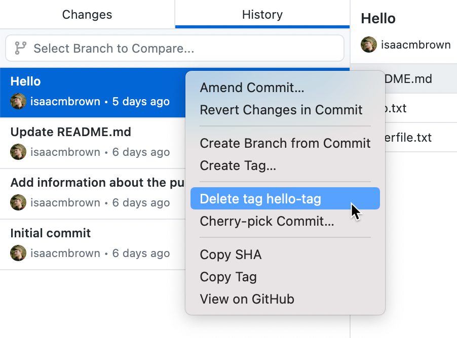 Screenshot einer Liste von Commits auf der Registerkarte „History“. Der Cursor zeigt auf eine Option namens „Delete tag hello-tag“ in einem Kontextfenster.