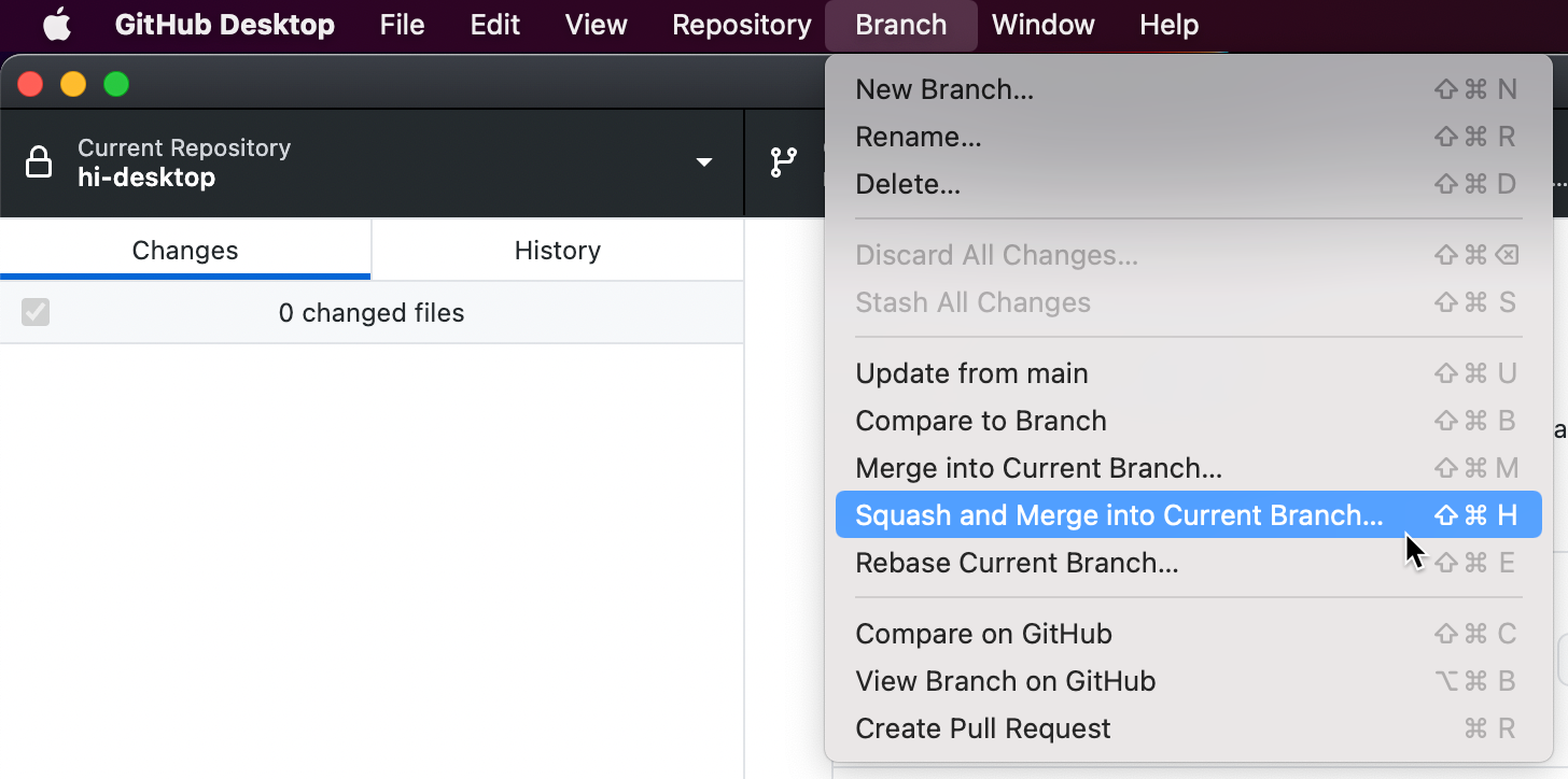 Captura de pantalla de la barra de menús en un equipo Mac. En el menú desplegable "Rama" expandido, el cursor mantiene el puntero sobre la opción "Squash and Merge into Current Branch".