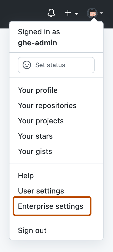 Screenshot of the dropdown menu shown when you click your profile picture on GitHub Enterprise Server. The "Enterprise settings" option is outlined.