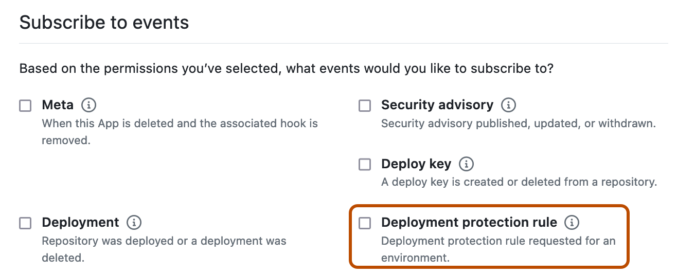 Captura de tela da seção "Subscribe to events" de um novo Aplicativo GitHub. A caixa de seleção da regra de proteção de implantação está contornada em laranja.