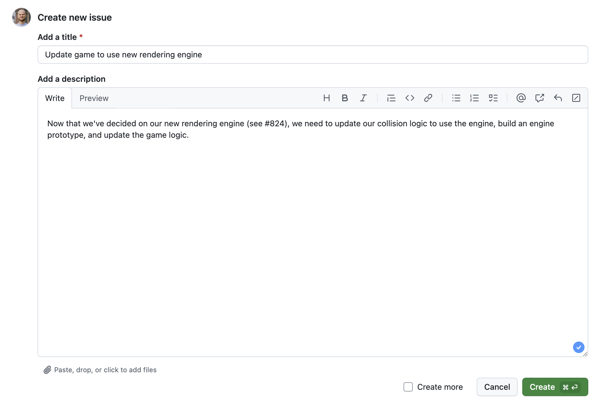 Screenshot: Formular für neues Issue mit angegebenem Titel und Text