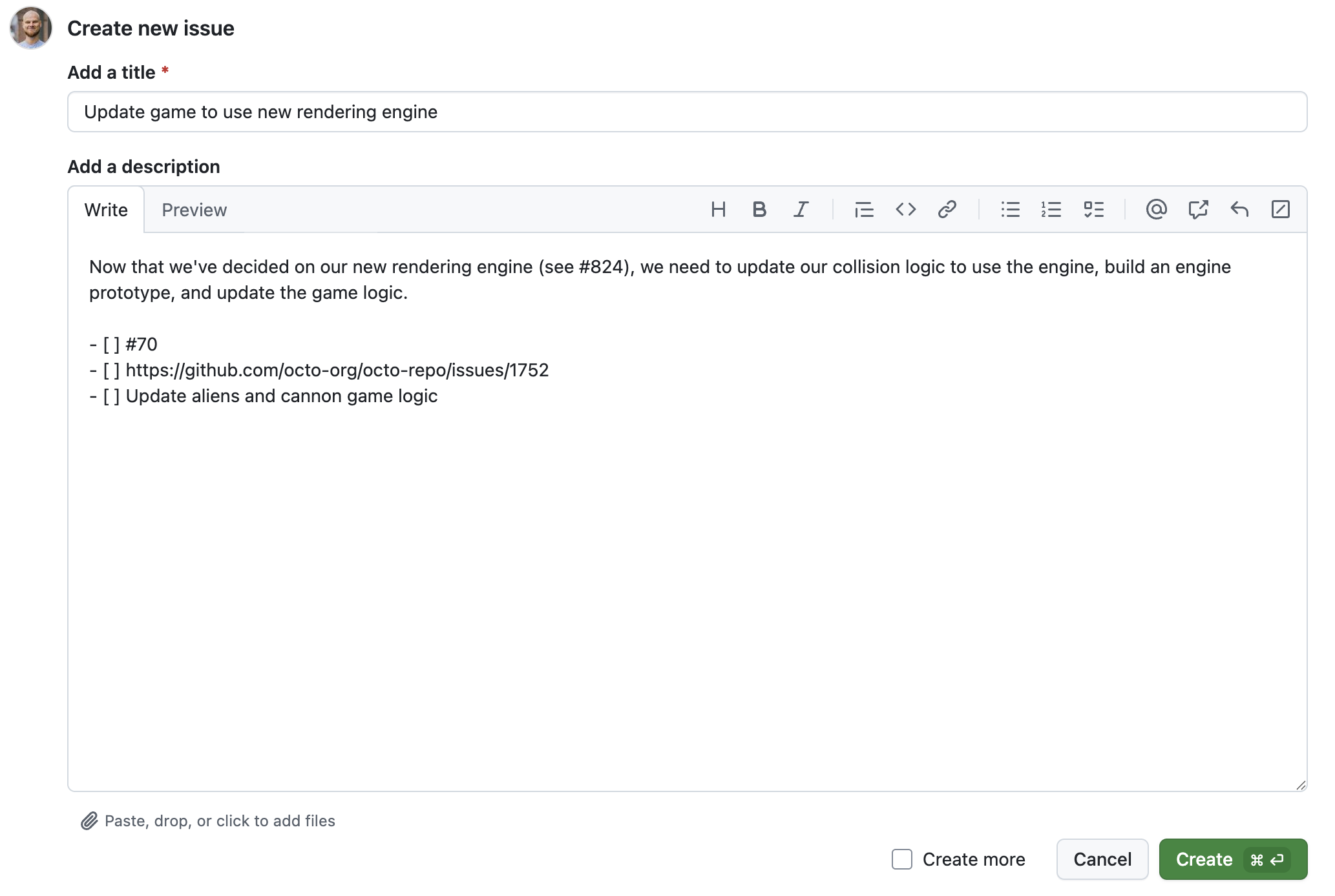 Screenshot: Formular für neue Sachverhalte mit angegebenem Titel und Text. Der Text enthält das Markdown für eine Aufgabenliste.