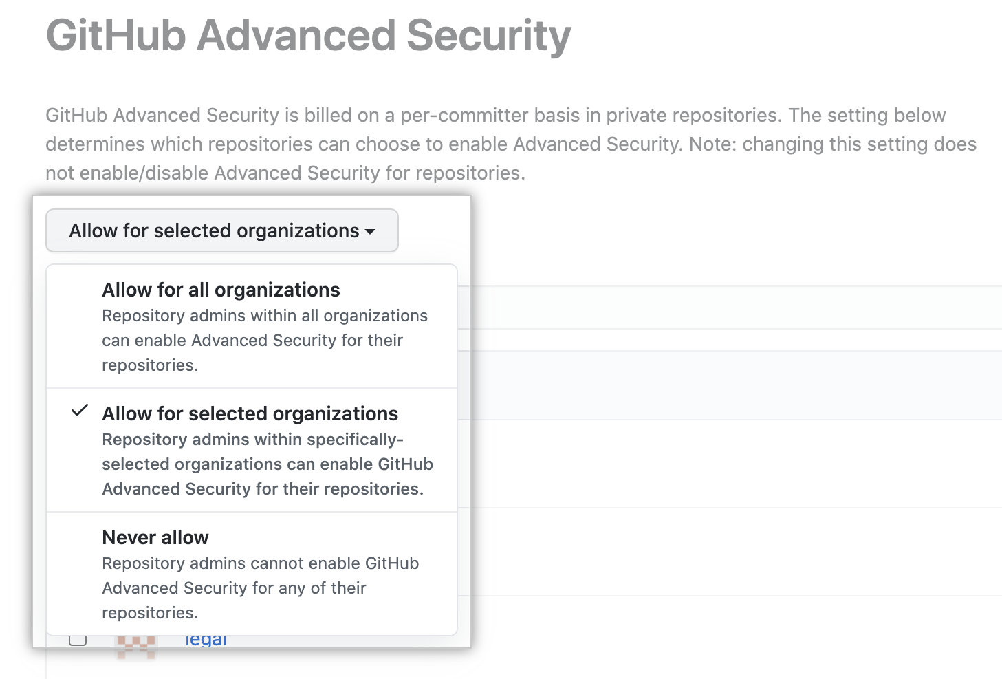 Menu suspenso usado para selecionar a política do Advanced Security para as organizações na conta corporativa