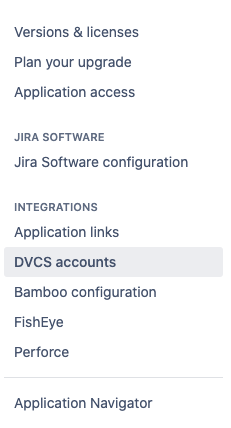 Menu de Integrações do Jira - Contas DVCS