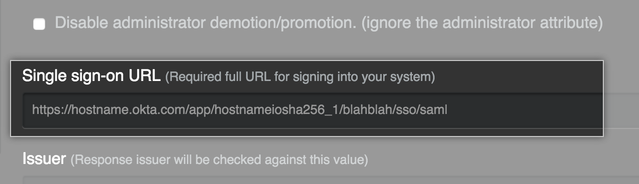 Screenshot of text field for single sign-on URL