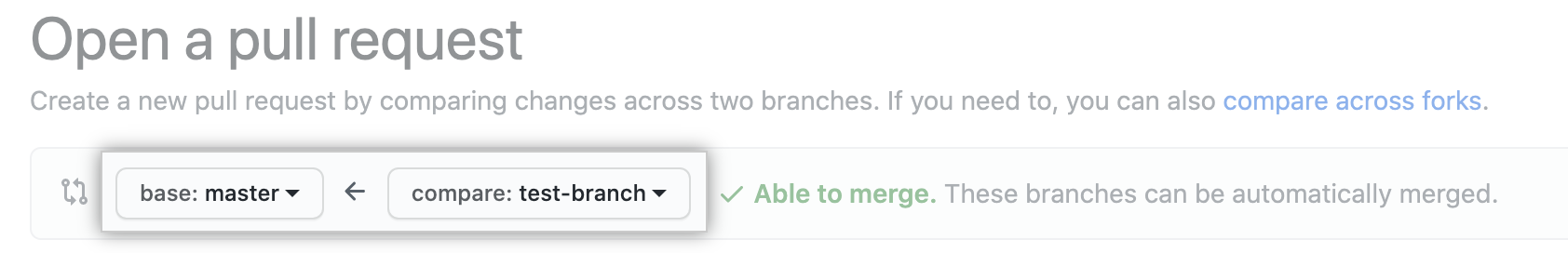 Drop-down menus for choosing the base and compare branches