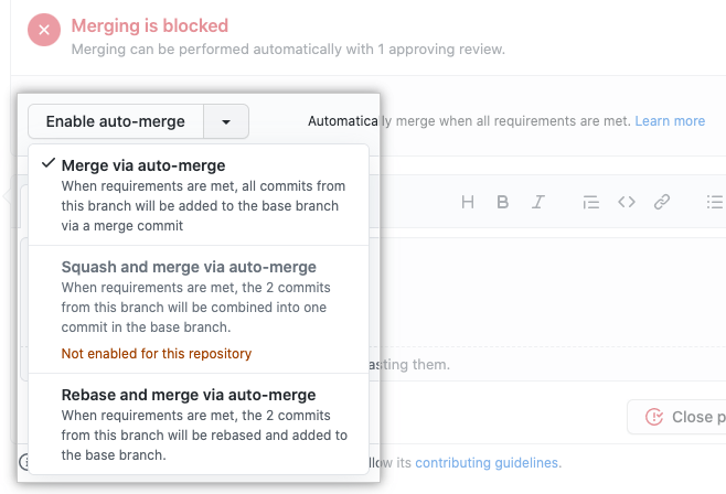 "Enable auto-merge" ドロップダウン メニュー