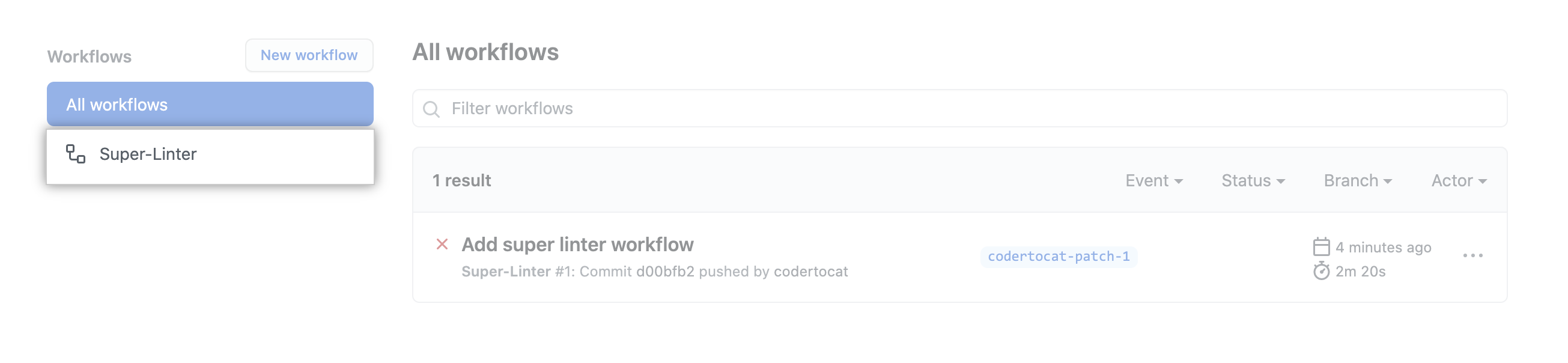 Workflow list in left sidebar