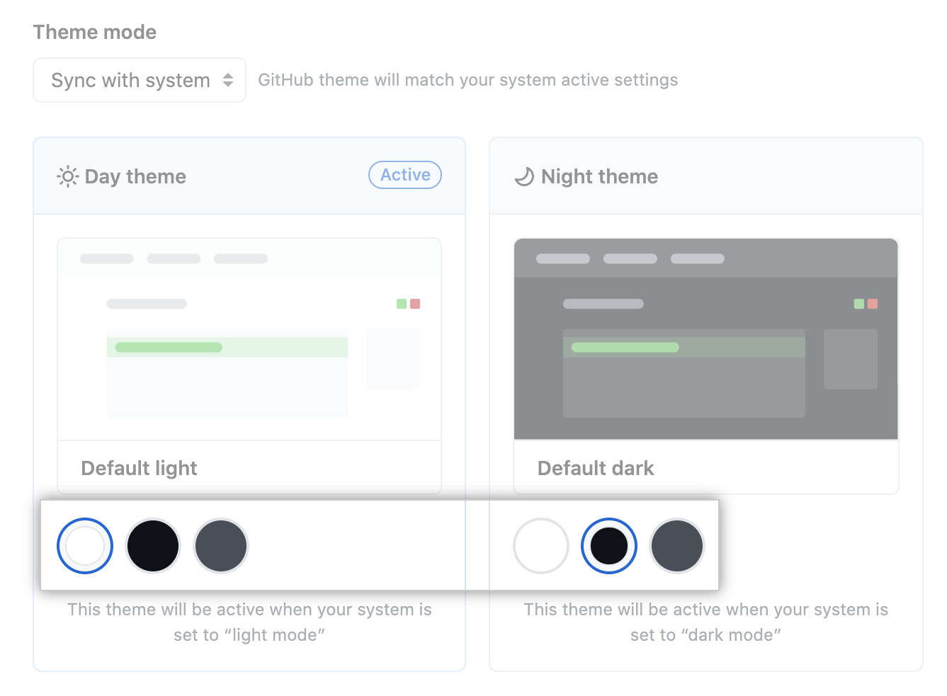 Buttons for the choice of a theme to sync with the system setting