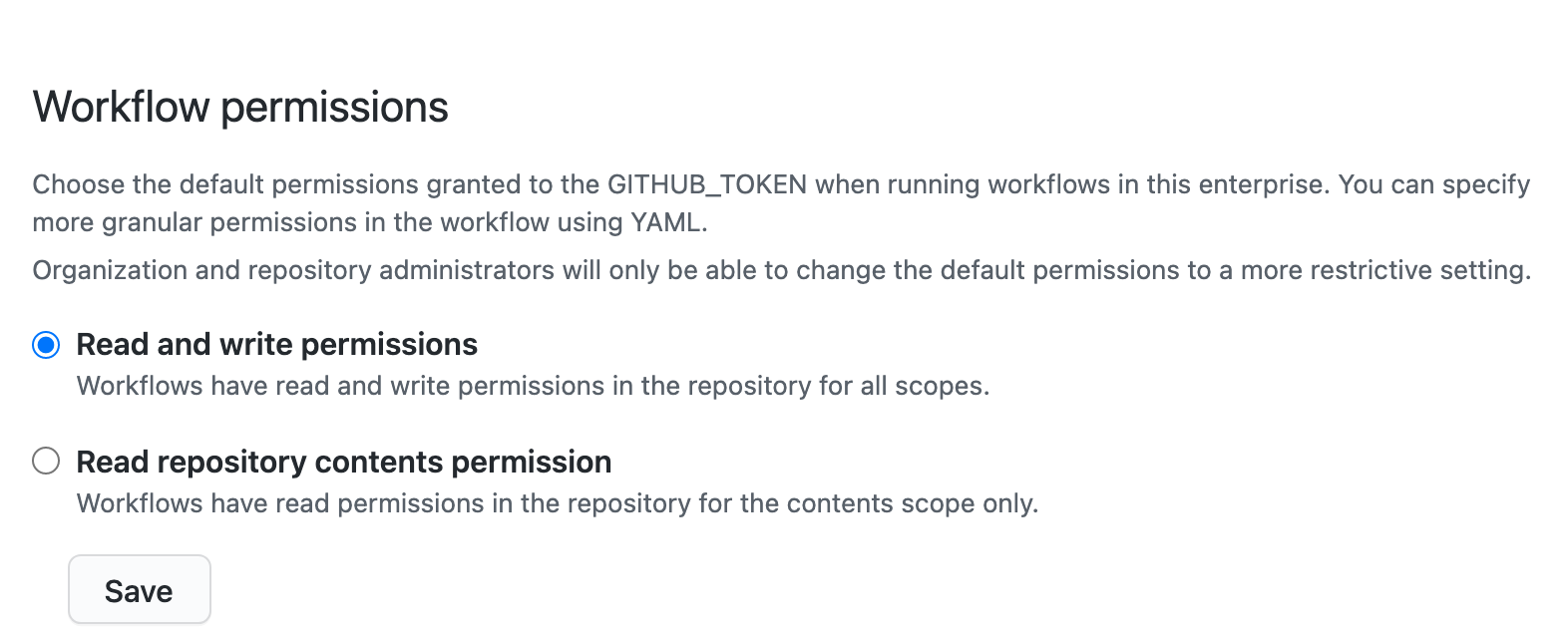 Set GITHUB_TOKEN permissions for this enterprise