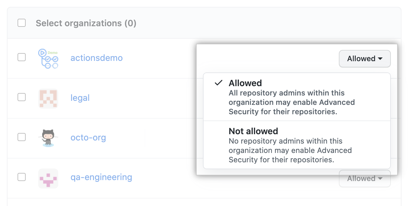 Drop-down to select Advanced Security policy for individual organization in the enterprise account