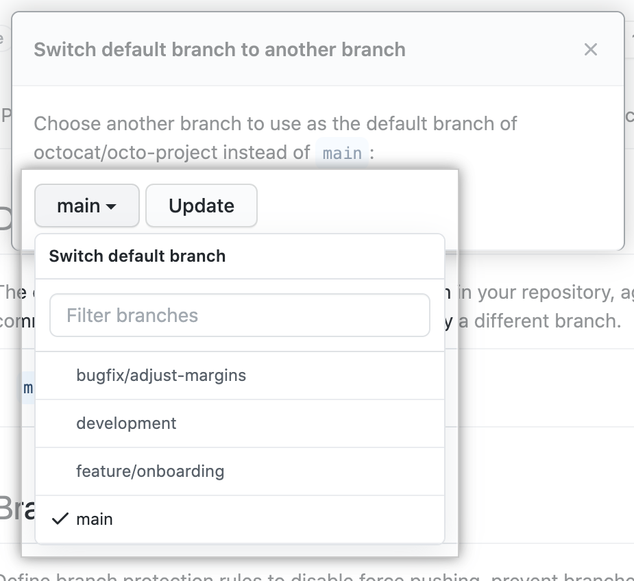 新しいデフォルト ブランチを選択するドロップダウン
