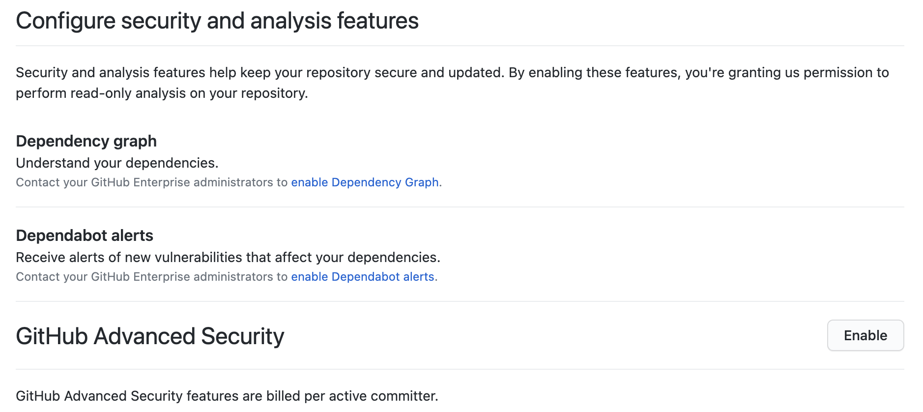 Screenshot of "Code security and analysis" features"