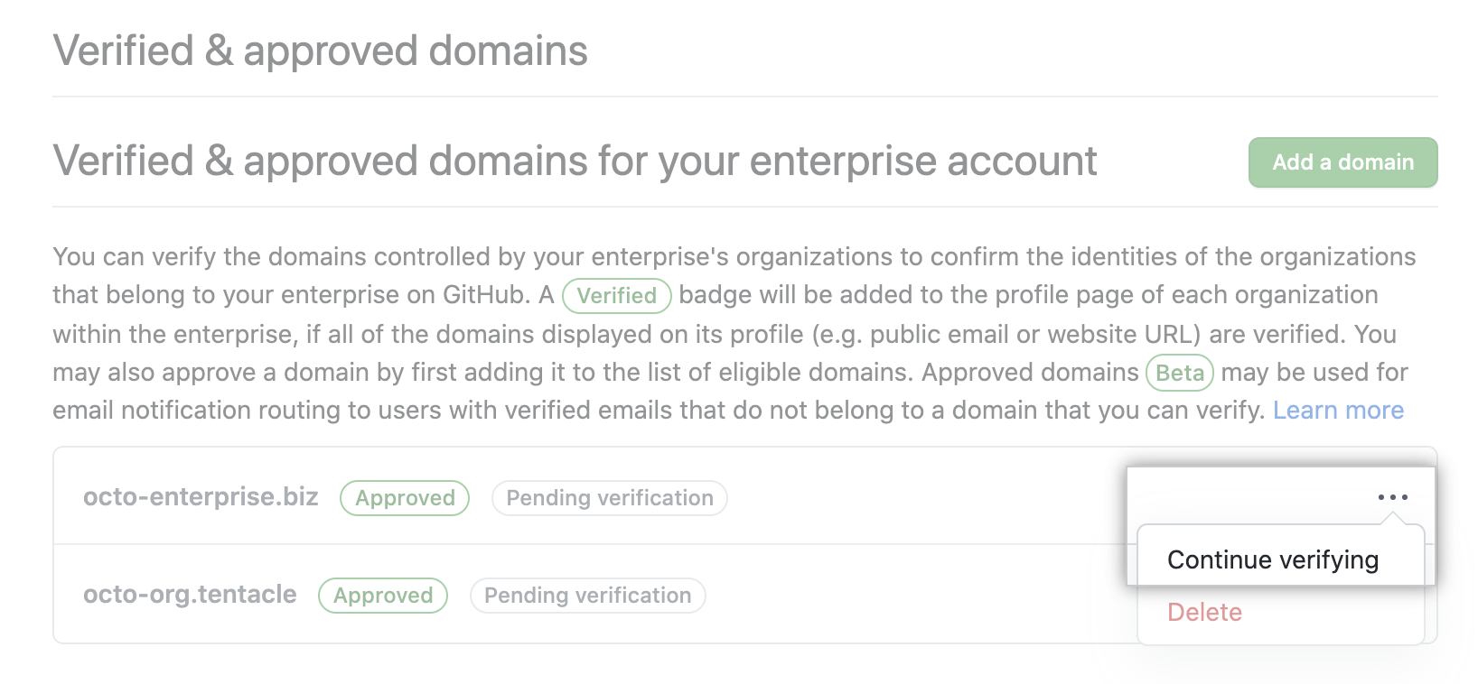 Continue verifying domain button