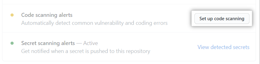 "Set up code scanning" button to the right of "Code scanning" in the Security Overview