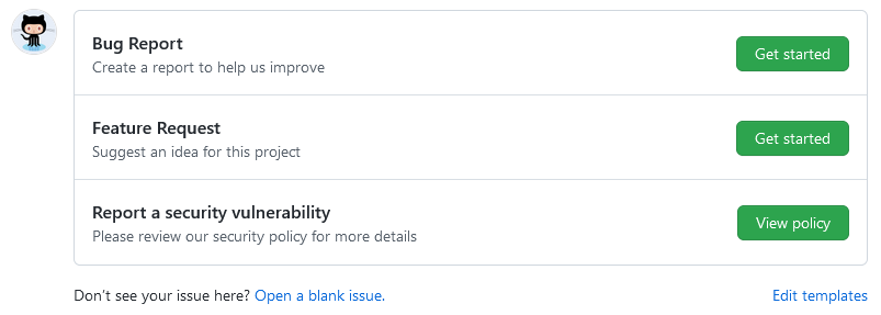 New issue page showing issue template choices