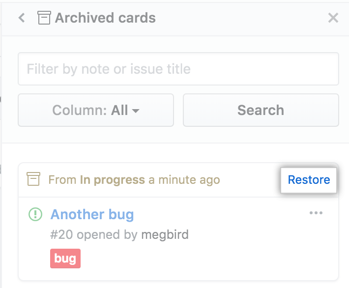 Select restore project board card