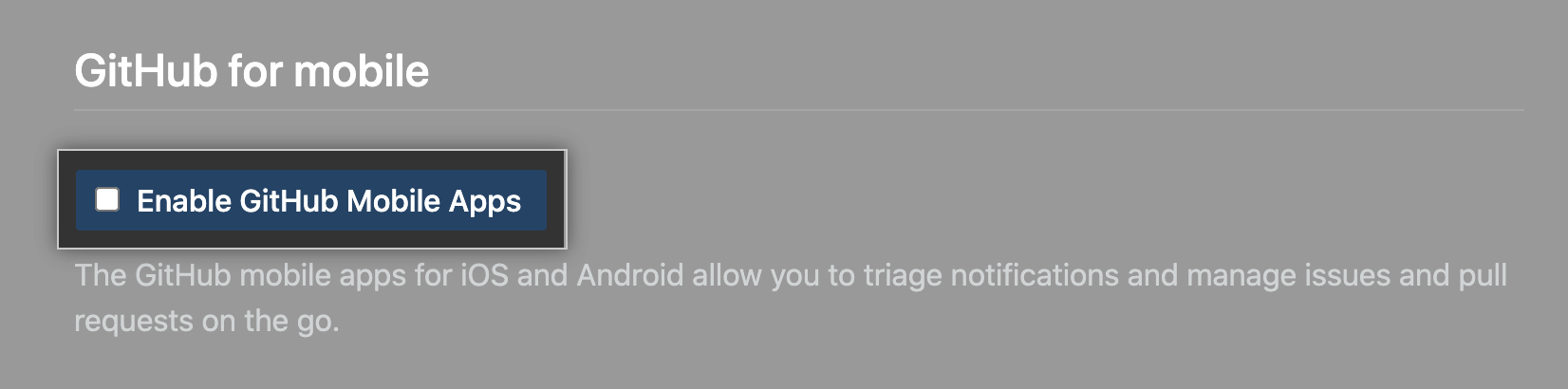 Checkbox for "Enable GitHub Mobile Apps" in the GitHub Enterprise Server management console