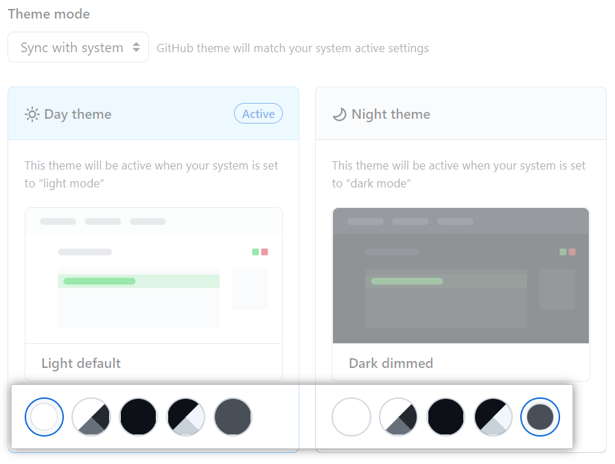 Buttons for the choice of a theme to sync with the system setting