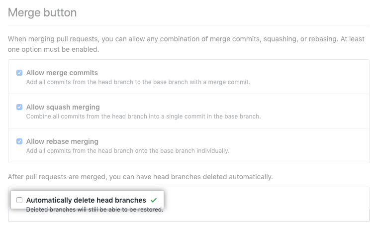 Checkbox to enable or disable automatic deletion of branches