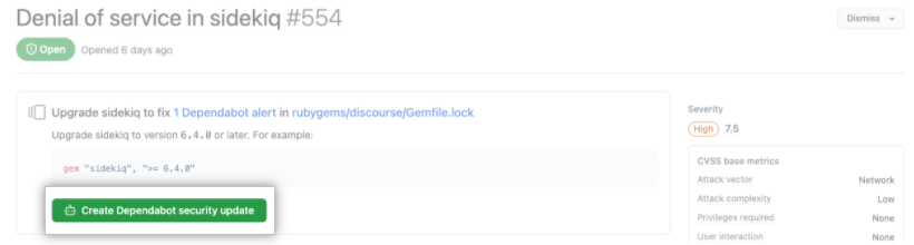 Create Dependabot security update button