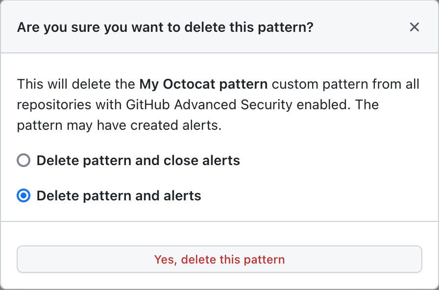 Confirming deletion of a custom secret scanning pattern 