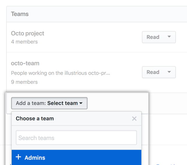 Organization の Team のリストが表示されている [Team の追� ] ドロップダウン メニュー