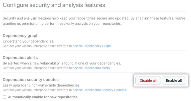 "Enable all" or "Disable all" button for "Configure security and analysis" features