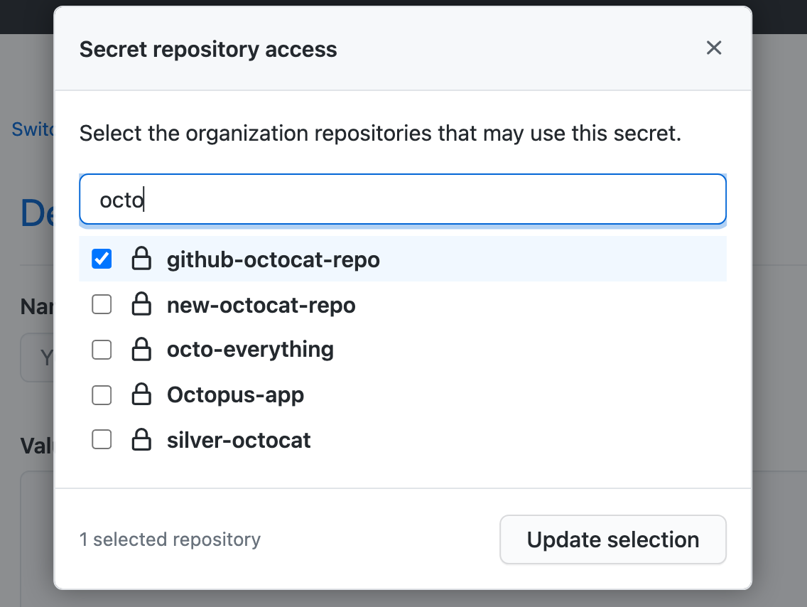 シークレットに対するリポジトリの選択
