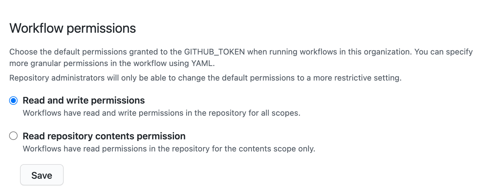 このOrganizationのGITHUB_TOKENの権限を設定