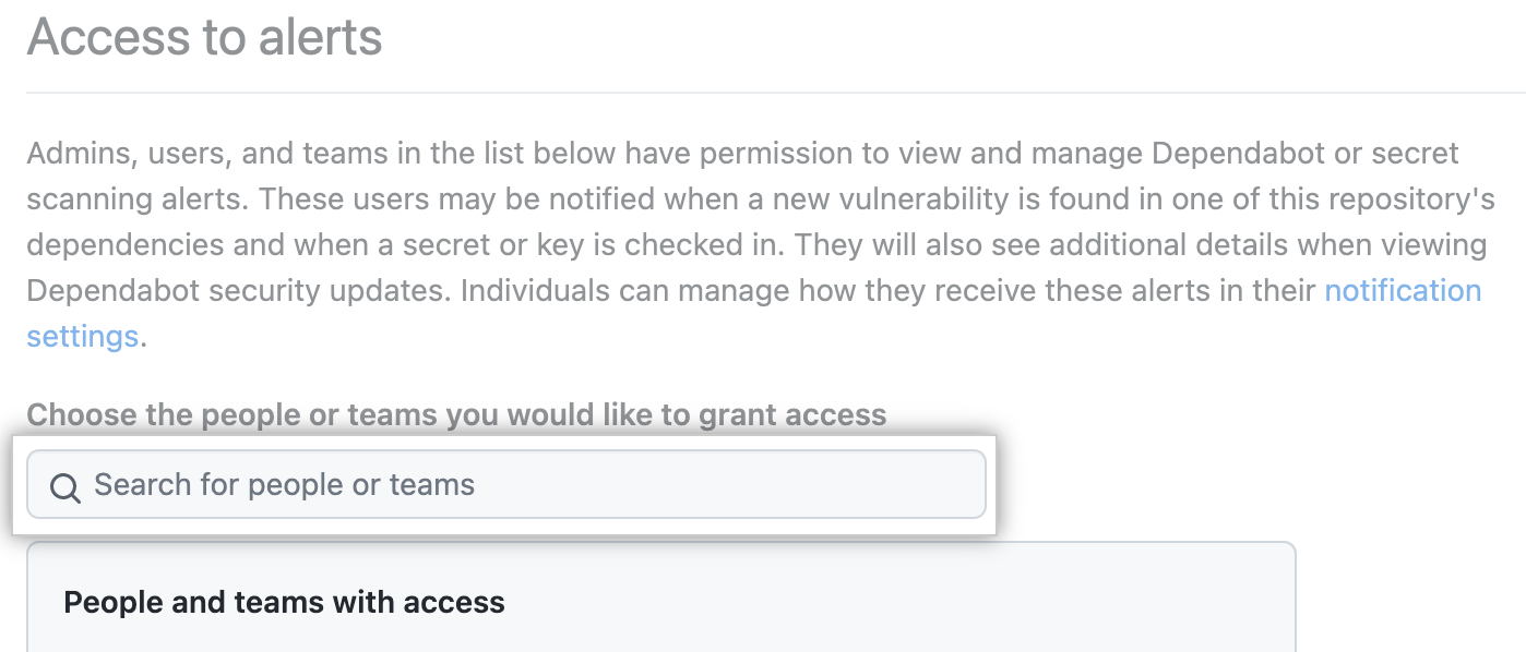 Search field for granting people or teams access to security alerts