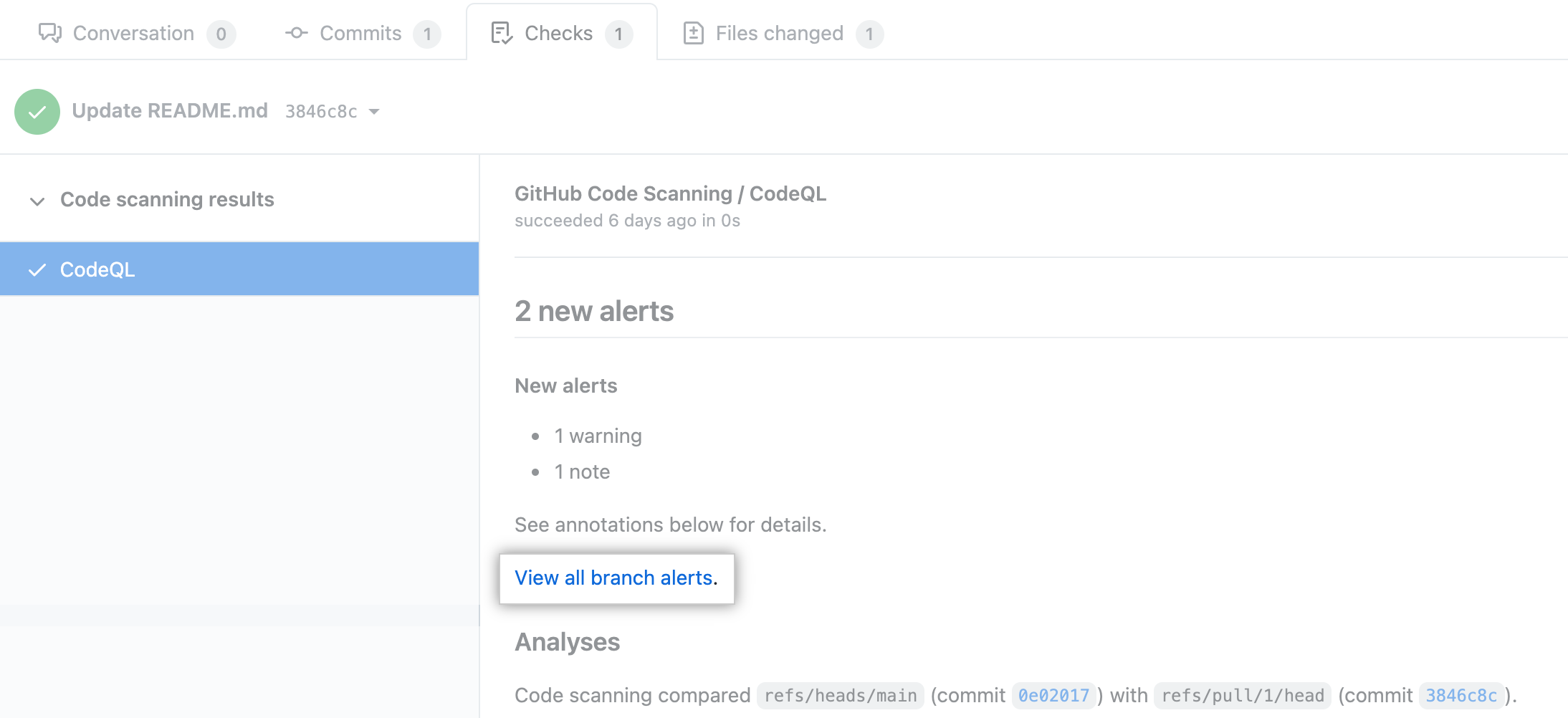 Code scanning results check on a pull request