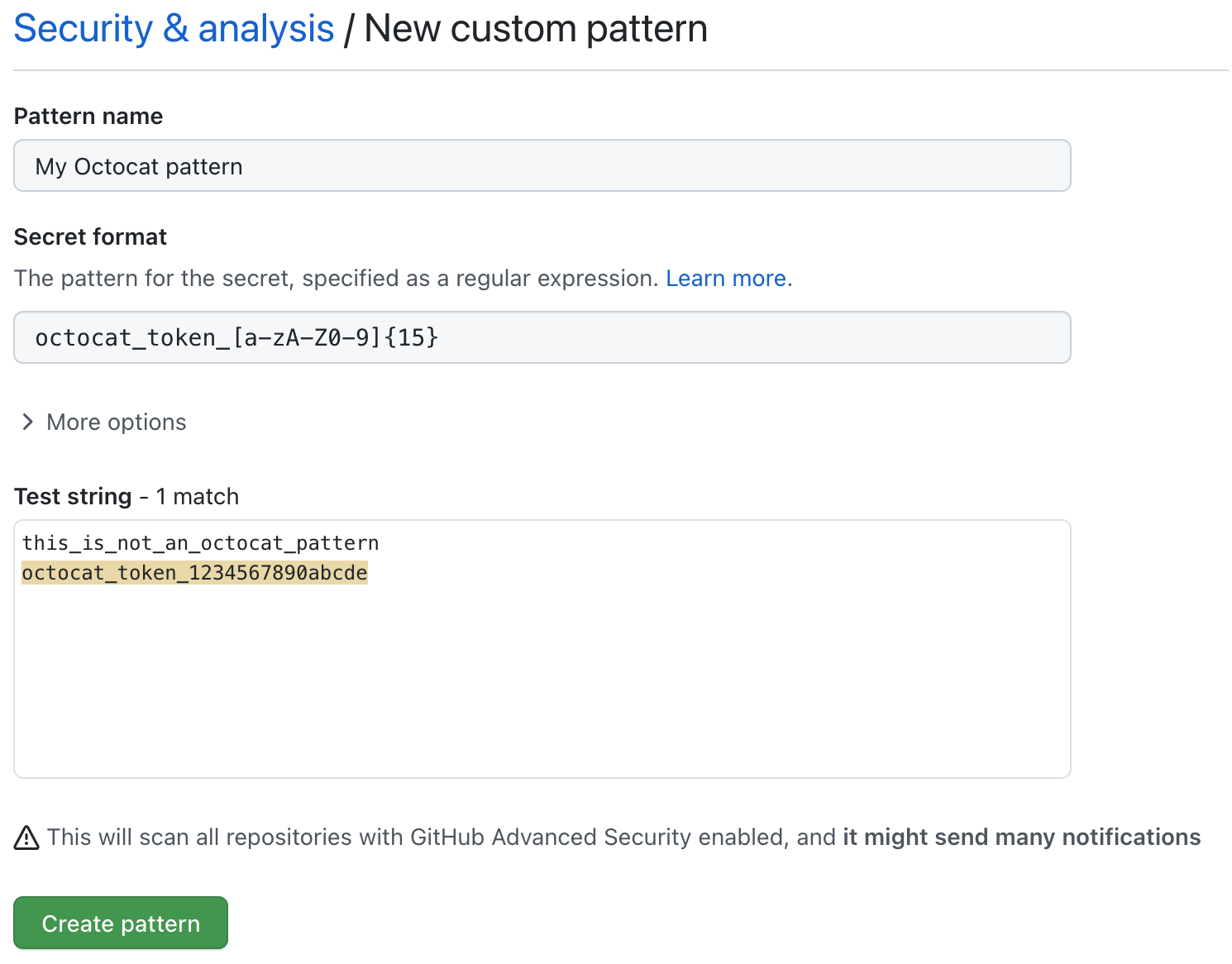 Create a custom secret scanning pattern form