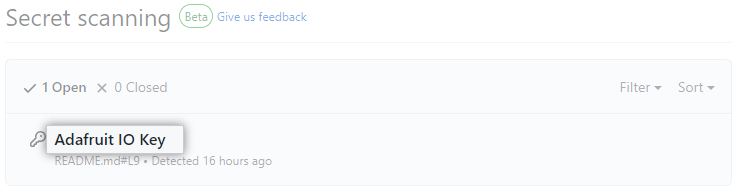 Screenshot of the list of alerts from secret scanning