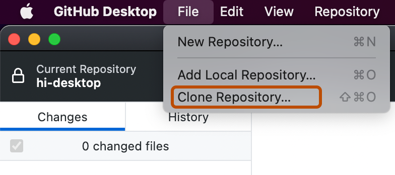 Screenshot of the menu bar on a Mac. The "File" dropdown menu is expanded, and the "Clone Repository" option is highlighted with an orange outline.