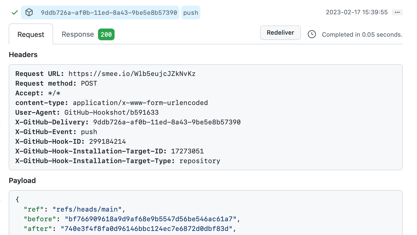 Screenshot of the "Request" tab of a webhook delivery, including the "Headers" and "Payload" sections.