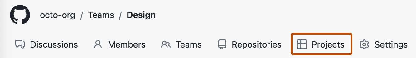 Screenshot of the main page for a team. In the horizontal navigation bar, the "Projects" tab is outlined in dark orange.