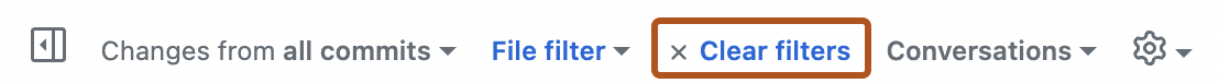 Screenshot of the view options for a pull request. The "Clear filters" option is outlined in dark orange.