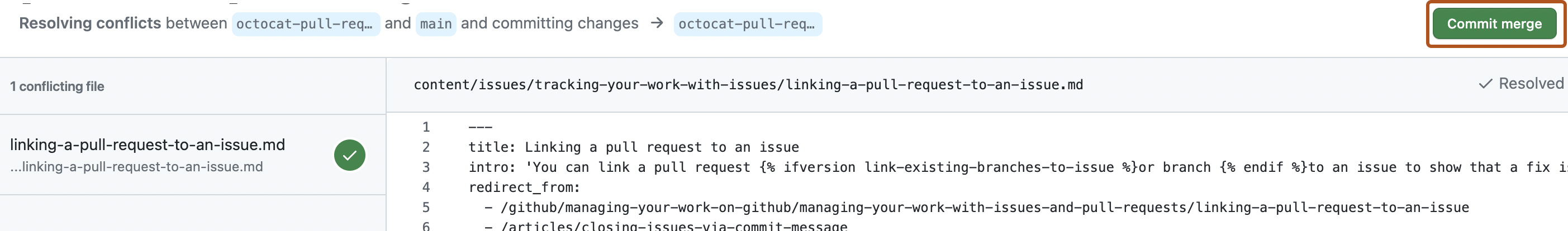 Screenshot of the editor to resolve a merge conflict in a pull request. The "Commit merge" button is outlined in dark orange.