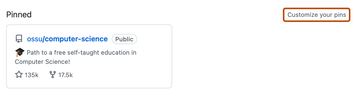 Screenshot of the "Pinned" section of a user profile. A link, labeled "Customize your pins", is higlighted with an orange outline.