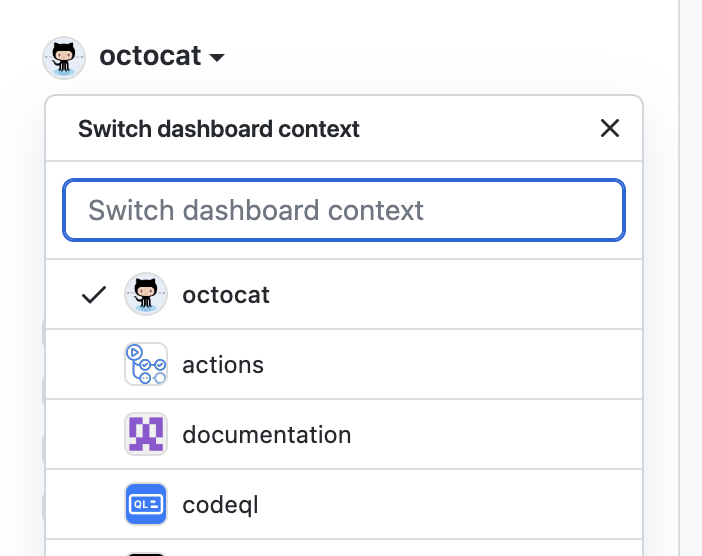 Screenshot of a dropdown menu on the dashboard page. The menu is expanded, labeled with the username of a personal account, and shows a list of organizations linked to the personal account.