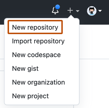 Screenshot of a GitHub dropdown menu showing options to create new items. The menu item "New repository" is outlined in dark orange.