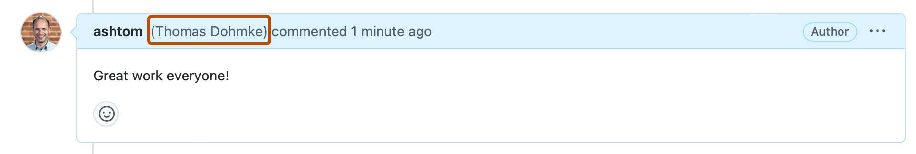 Screenshot of an issue comment. The header says "ashtom (Thomas Dohmke) commented 1 minute ago," with "(Thomas Dohmke)" outlined in dark orange.