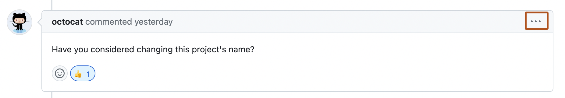 Screenshot of a comment on a pull request. The kebab button is outlined in dark orange.