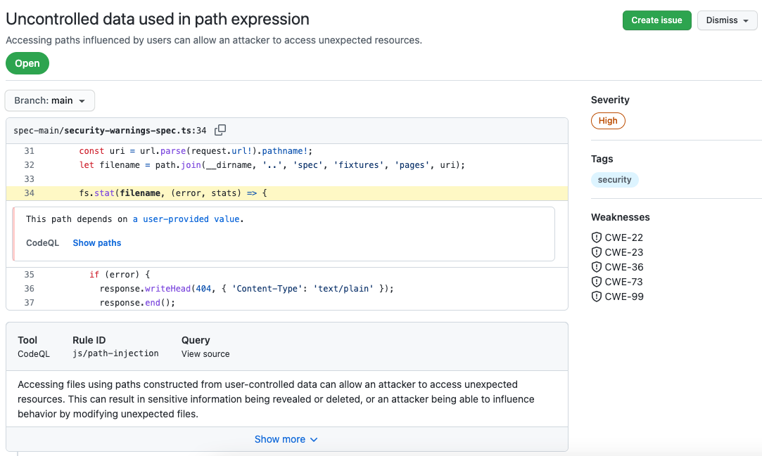 Screenshot showing the elements of a code scanning alert, including the title of the alert and relevant lines of code at left and the severity level, affected branches, and weaknesses at right.